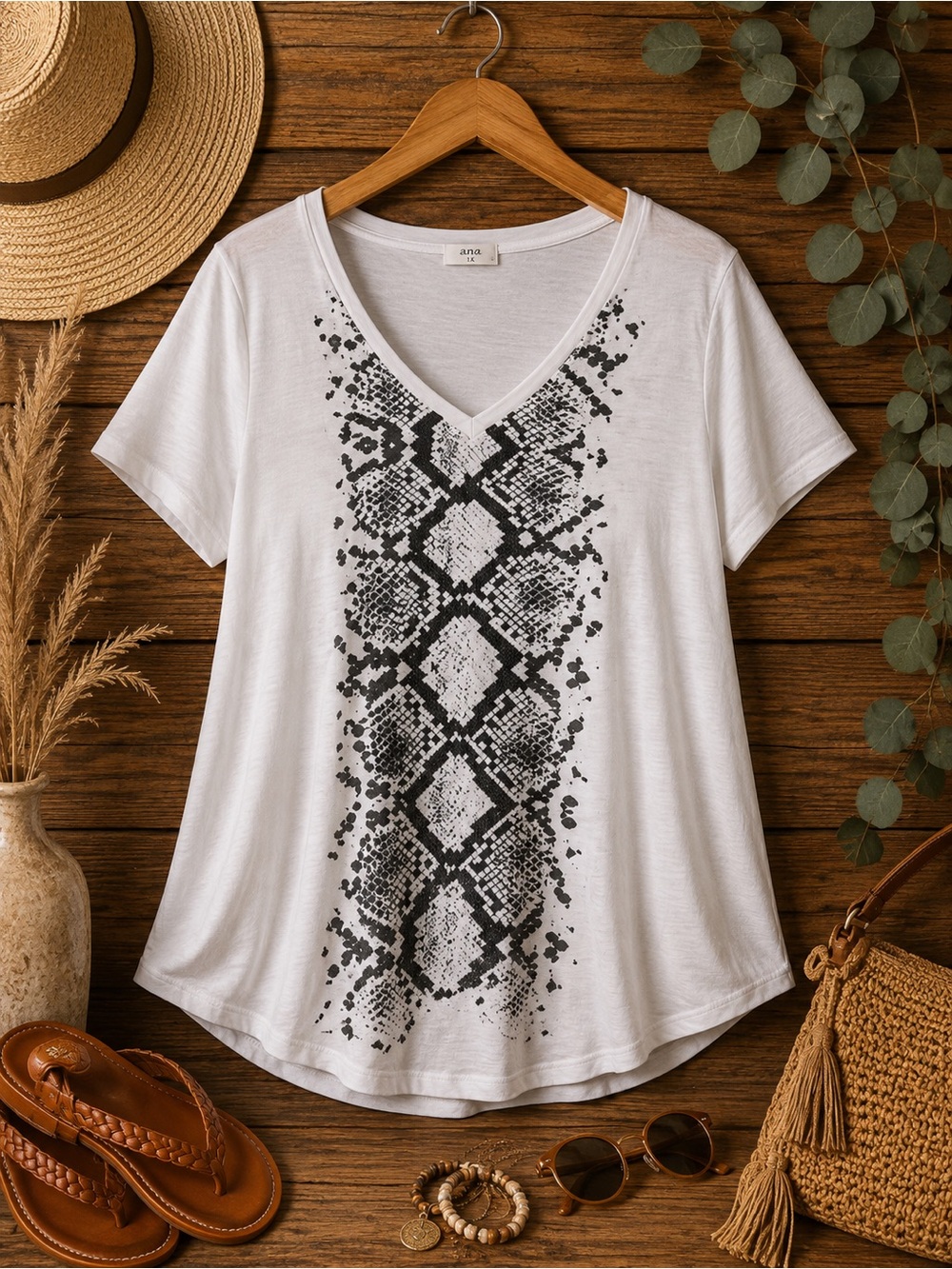 Penningtons 1X Snakeskin Print V-Neck Tee | Plus Size Casual Summer Top